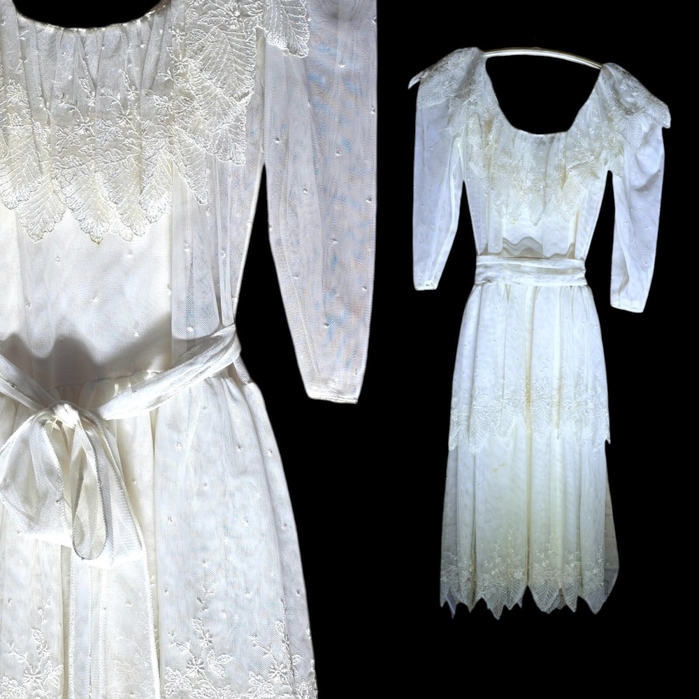 Vintage Off White Swiss Dot Mesh Lace Romantic Victorian Vibe Dress S/Mdress